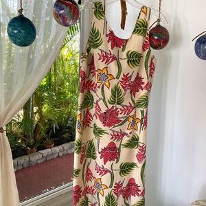 Lovely Hawaiian Moon Tropical Print Long Dress 100% Silk Size S